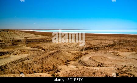 Panorama view to saline Barsa Kelmes lake and Ustyurt plateau in Karakalpakstan, Uzbekistan Stock Photo