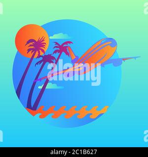 Vector island trendy and modern for travel symbol. Plane flying over the waves and tropical island. Vector illustration Stock Vector