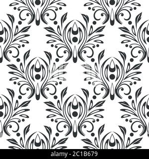 Black filigree floral black white seamless pattern Stock Vector