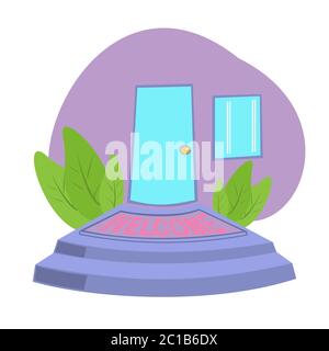Front door with Welcome Doormat In Front of Door , entrance plaque, vector in flat style Stock Vector