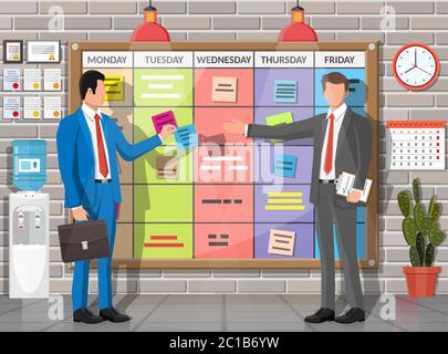 People, scrum board in office interior. Bulletin board hanging on wall full of tasks on sticky note cards. List of event for employee. Development team work agenda to do list. Flat vector illustration Stock Vector