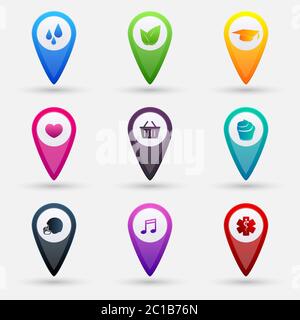 Set of vector map pointers with icons isolated on white background Stock Vector