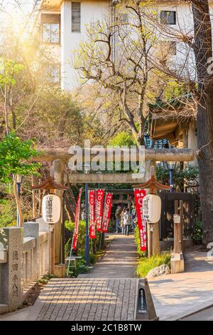 ueno, japan - march 31 2020: Tourists walking through the torii gates of the Hanazono Inari Shrine dedicated to the deity of fox in the Kanei temple o Stock Photo