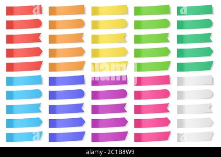 Set of vector paper stickers on white background. Colored realistic sticky notes isolated. Big collection of red, orange, yellow, green, blue, purple Stock Vector