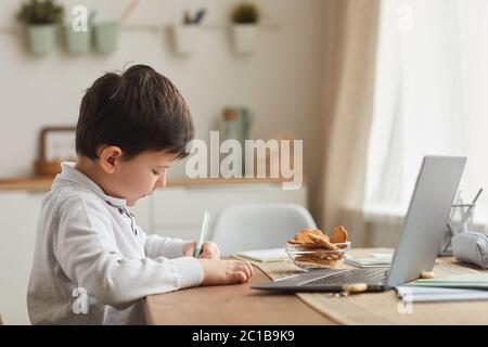Warm-toned side view portrait of cute boy doing homework while sitting at desk in cozy interior, copy space Stock Photo