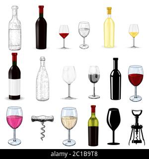 Wine set. Glasses and bottles. Sketch and 3d Stock Vector