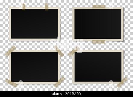 Vector set of black photo frames with various shadows. Glued with adhesive tape mock up of frames Stock Vector