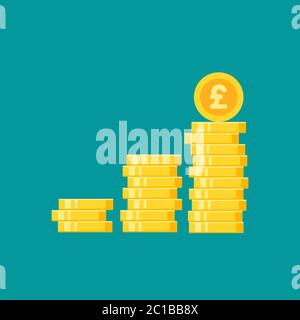 Stack of golden pound sterling coins. Flat gold icon. Isolated on blue. Economy, finance, money pictogram. Wealth symbol. Vector illustration. Stock Vector