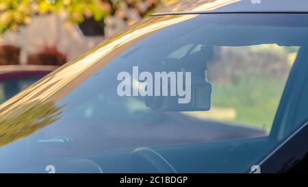 Panorama Windshield of sheriffs car with dashboard camera Stock Photo