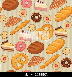 Seamless bakery pattern with hand drawn donuts, cakes, cookies, croissants and breads Stock Vector