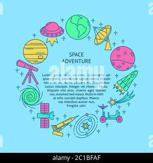 Space theme round concept banner with place for text. Spaceship, planets and other symbols in colored line style. Vector illustration. Stock Vector