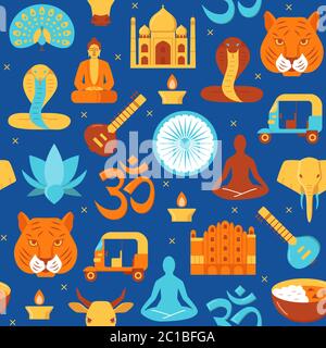 Bright India seamless pattern in flat style. Repeating background with traditional symbols including Buddha, Taj Mahal, lotus flower, elephant. Vector Stock Vector