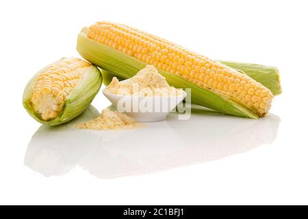 Corn flour in bowl with fresh corn cobs. Stock Photo