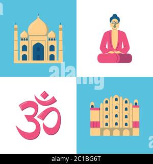 India culture icons set in flat style. Taj Mahal, meditating Buddha, Hawa Mahal and Om symbols. Vector illustration. Stock Vector