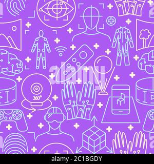 Virtual reality seamless pattern in linear style. Endless background with modern computer technology symbols. Vector illustration. Stock Vector