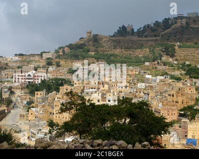 Aerial view to Mahwit city and Haraz mountain, Yemen Stock Photo