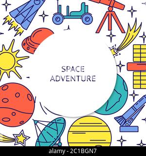 Space elements concept colorful background in line style with place for text. Spaceship, planets and other symbols. Vector illustration. Stock Vector