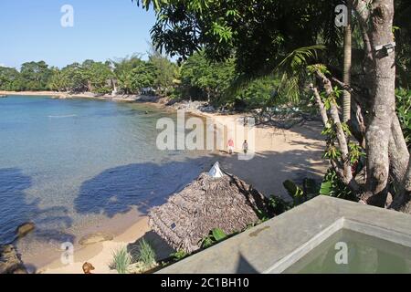 View of beach from 293 On Komba Guest House, Ampangorinana Village Nosy Komba Island, Madagascar. Stock Photo