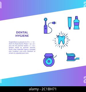 Dental hygiene banner template in colored line style. Teeth care and treatment symbols. Vector illustration. Stock Vector