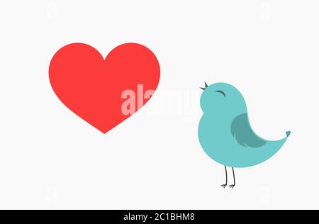 Cute blue bird singing with red heart. Valentine's Day vector illustration. Stock Vector