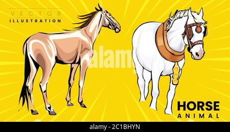 Beautiful red horse with long mane portrait in motion Stock Vector