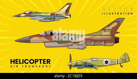 Military airplane speed. Collection of Modern Air force jet fighter at high altitude Stock Vector