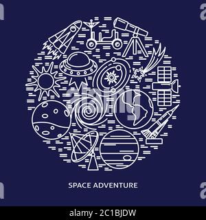 Space elements round concept banner with place for text. Spaceship, planets and other symbols in line style. Vector illustration with editable stroke. Stock Vector