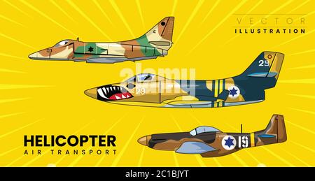 Military airplane speed. Collection of Modern Air force jet fighter at high altitude Stock Vector