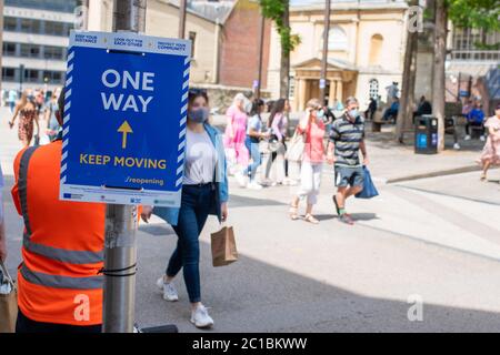 United Kingdom,15 June 2020: Shops and stores are back open re-open in the UK as coronavirus covid restrictions are lifted 2m social distance Stock Photo