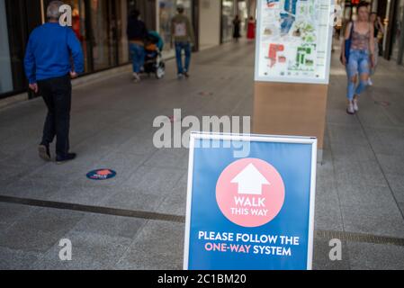 United Kingdom,15 June 2020: Shops and stores are back open re-open in the UK as coronavirus covid restrictions are lifted 2m social distance Stock Photo