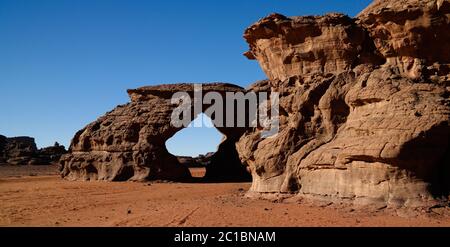 Landscape of sand dune and sandstone nature sculpture at Tamezguida in Tassili nAjjer national park, Algeria Stock Photo