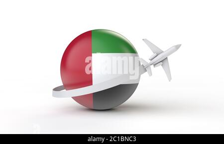 Travel to UAE concept. Airplane flying around flag. 3D Rendering. Stock Photo