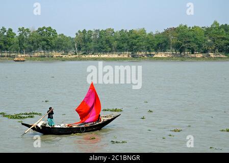 The Ganges Delta in Bangladesh. A small fishing boat with a red sail being rowed on the river in the Ganges Delta. Unidentifiable people. Stock Photo