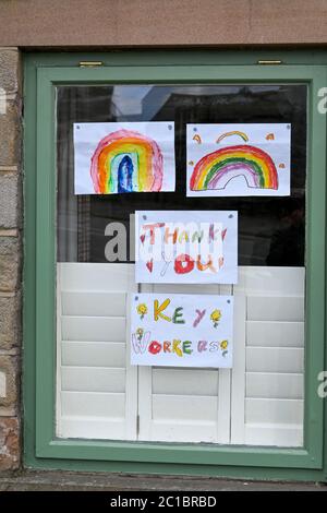 Rainbow message of thankyou in windows during coronavirus lockdown 2020 Derbyshire England