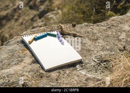 Close-up artwork for the designer. A blank notepad for drawing pastel on which lay an artistic pastel crayons color chalks of pu Stock Photo