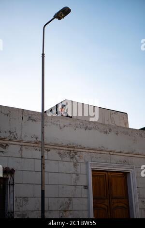 An elderly man standing on the terrace rooftop of the old one store building with a hat on. Stock Photo