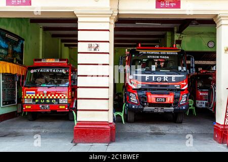 Fire Engines In A Fire Station, Yangon, Myanmar. Stock Photo
