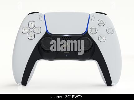 Japan - June 11, 2020. Presentation of a new product from Sony, wireless white PlayStation 5 gamepad on white background. 3d rendering Stock Photo