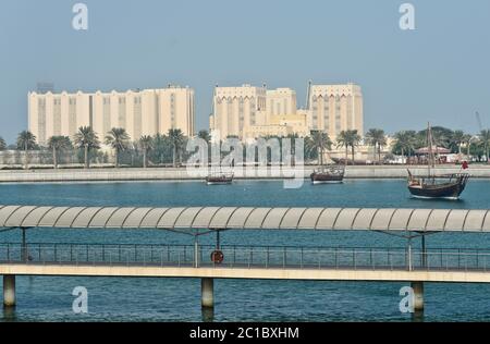 Dhow harbor with skyline in the background, Doha, Qatar Stock Photo