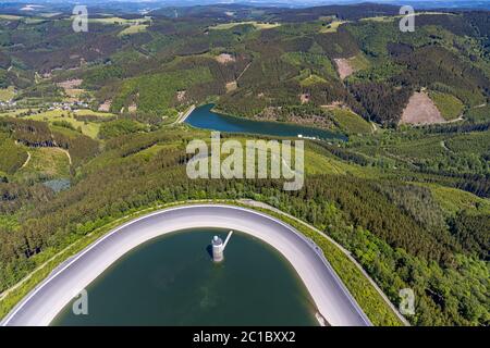 Aerial photograph, pumped storage power plant Oberbecken, district Rönkhausen-Glinge, Glingebachtalsperre Unterbecken, Finnentrop, Sauerland, North Rh Stock Photo