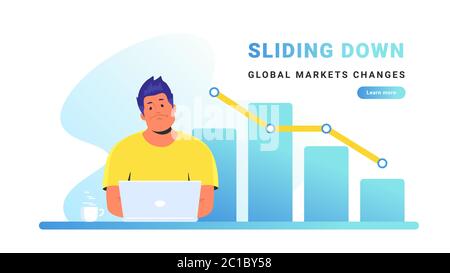 Upset man working with laptop and seeing a graph sliding down Stock Vector
