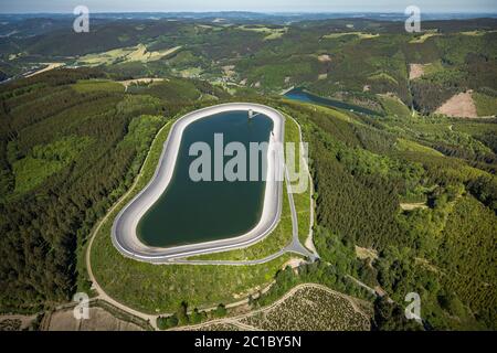 Aerial photograph, pumped storage power plant Oberbecken, district Rönkhausen-Glinge, Glingebachtalsperre Unterbecken, Finnentrop, Sauerland, North Rh Stock Photo