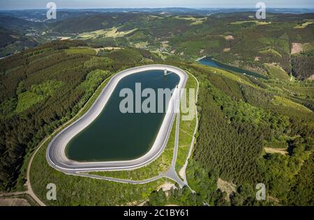 Aerial photograph, pumped storage power plant Oberbecken, district Rönkhausen-Glinge, Glingebachtalsperre Unterbecken, Finnentrop, Sauerland, North Rh Stock Photo