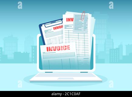 Vector of online invoice with bills coming out of laptop computer Stock Vector