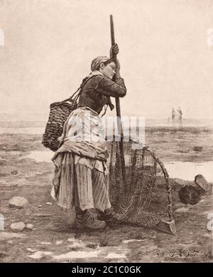 1890 photogravure of a painting by American artist Daniel Ridgway Knight (15 March 1839 – 9 March 1924) with the caption, Resting.  Knight was a pupi