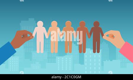 Multiethnic race unity concept. Vector of a multiracial hands holding chain of paper people pictogram Stock Vector