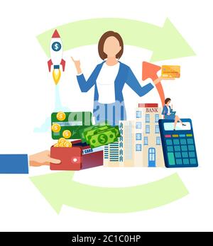 Cash flow and business investment concpet. Vector of a businesswoman managing finances Stock Vector