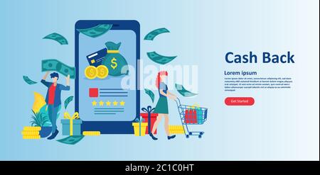 Cash back loyalty program concept. Vector of customers getting rewards and gifts from online shopping Stock Vector