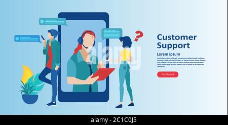 Online customer support concept. Vector of an mobile service operator with headset answering client questions Stock Vector