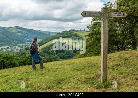 A female hiker looking across the Club Valley on the Offa's Dyke long distance footpath. A sign finger post showing the halfway point of the walk. Stock Photo